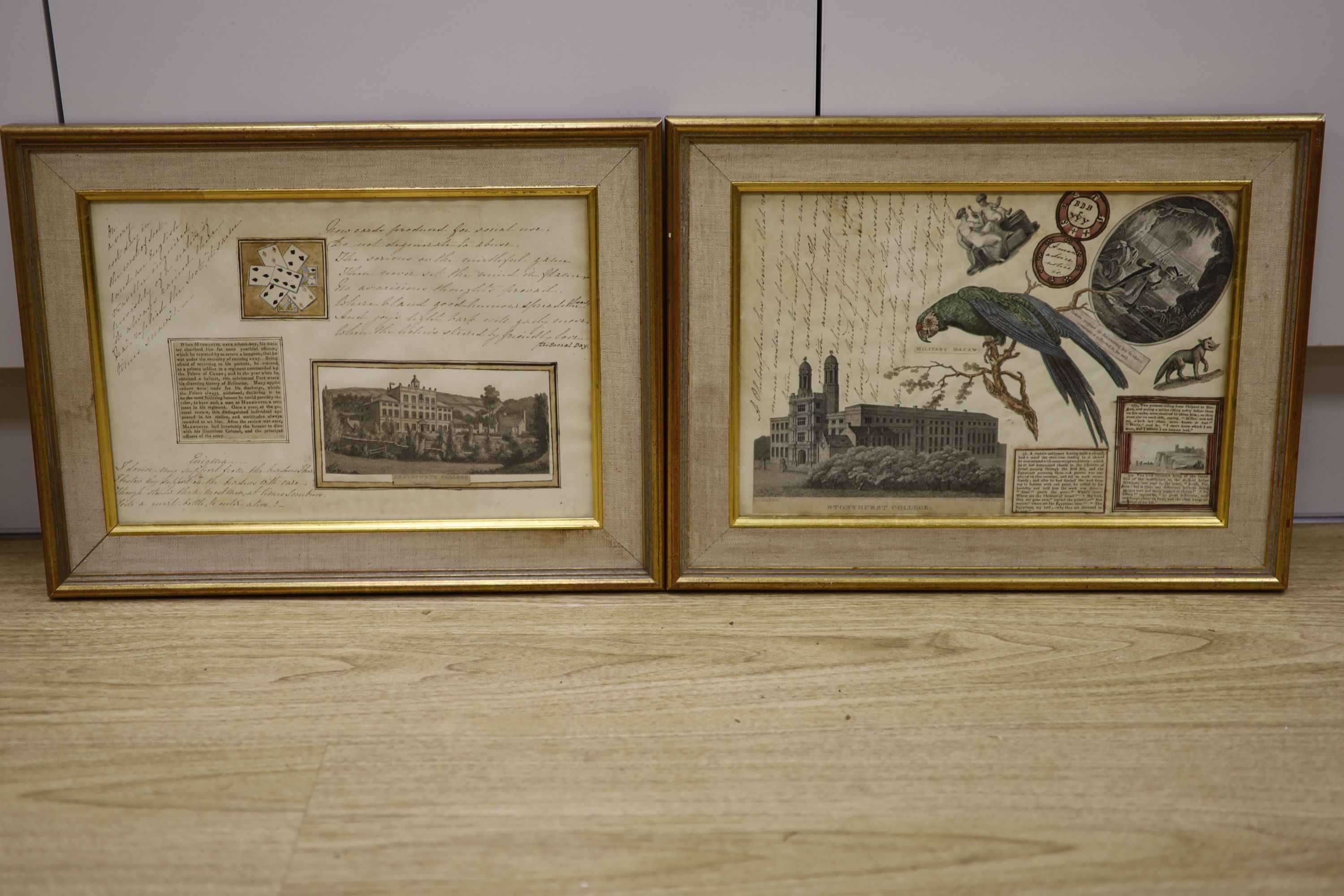 19th century English School, set of clin d’oeuil watercolour and collage panels, Poems, verses, and views of Ampleforth and Stoneyhurst, 22 x 33cm.